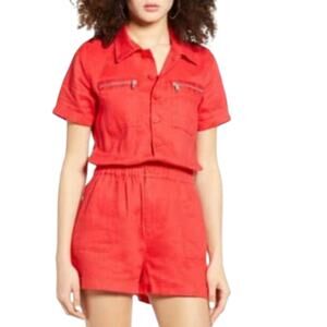 Blank NYC RED linen Utility romper In Red Flag jumpsuit‎ new!!! Size medium